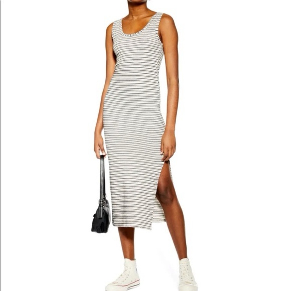 NEW Topshop size 4 Black and White Stripe Sleeveless Midi Dress with Slit